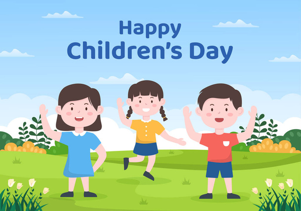 漫画のキャラクターで遊ぶ男の子と女の子との幸せな子供の日のお祝い背景イラストグリーティングカードやポスターに適しています - ベクター画像