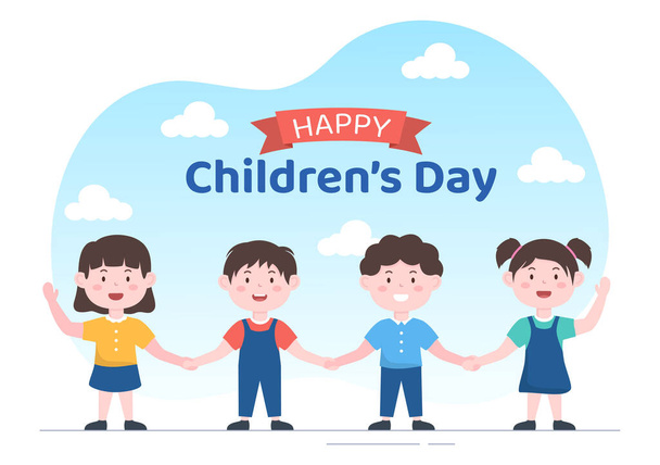 Happy Children's Day Celebration With Boys and Girls Playing in Cartoon Characters Background Illustration Suitable for Greeting Cards or Posters - Вектор,изображение
