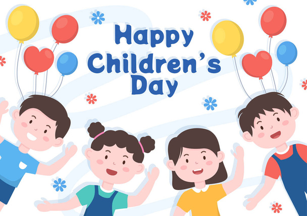 Щасливий Дитячий день Святкування з хлопчиками і дівчатками Граючи в мультфільмі Персонажі Фон ілюстрації Підходить для вітальних листівок або плакатів
 - Вектор, зображення