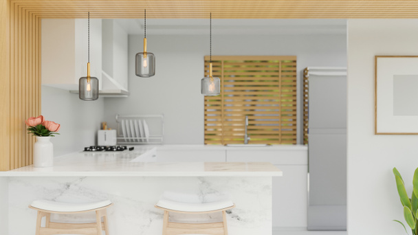 Diseño interior de cocina de lujo blanco con espacio de copia en encimera de cocina de mármol blanco o isla de cocina con taburetes. representación 3d, ilustración 3d - Foto, Imagen