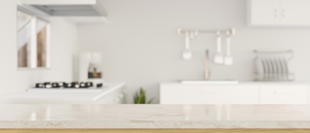 Mockup-Raum für die Montage auf Luxus-Granit-Küchentisch über verschwommener weißer Eleganz Kücheninterieur im Hintergrund. 3D-Darstellung, 3D-Illustration - Foto, Bild