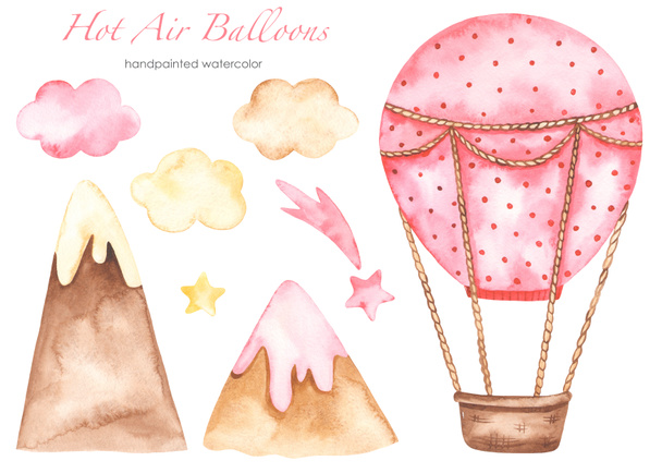 Balão de ar quente rosa com nuvens, estrelas, montanhas, para menina, aniversário Conjunto de aquarela  - Foto, Imagem