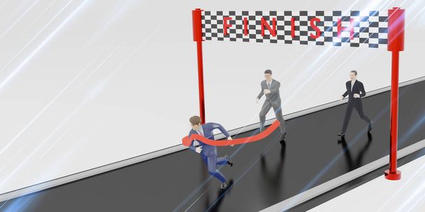 Yarış işadamı bitiş çizgisine koşuyor iş adamı zaferi birincilik ödülü 3D illüstrasyon - Fotoğraf, Görsel