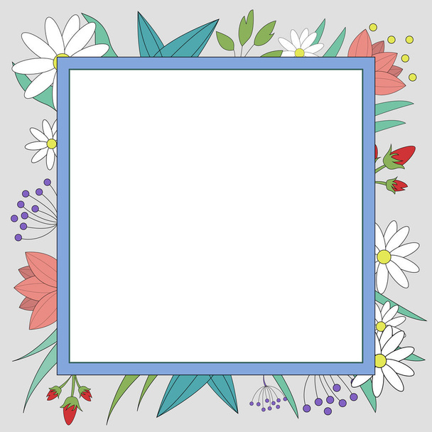 Blank frame decorated with colorful flowers and foliage arranged harmoniously. Empty poster border surrounded by multicolored bouquet organized pleasantly. - Vector, Image