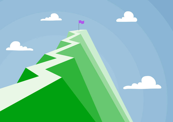 Гора показывает высокую дорогу, символизирующую успешное достижение целей. Высокий холм с флагом, определяющим выполнение планов творческих проектов. - Вектор,изображение