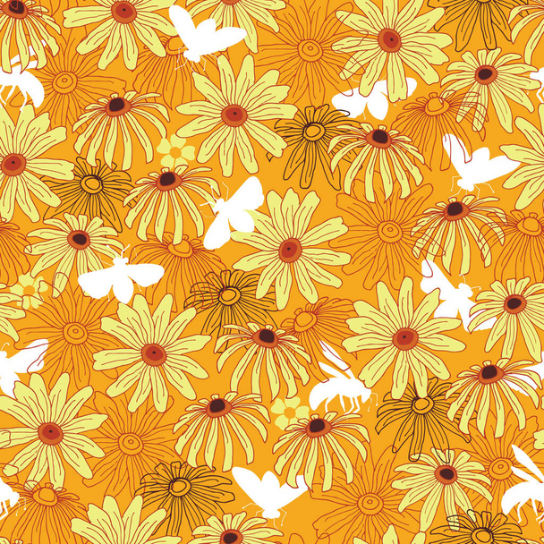 Summer Yellow Flowers White Bees Shapes Vector Seamless Pattern - Vetor, Imagem