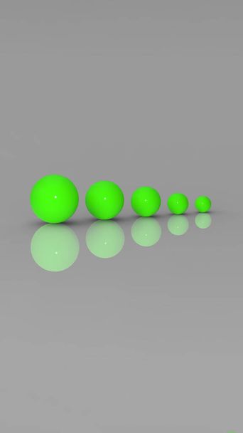 Cinco bolas de vidrio de diferentes tamaños de color verde neón sobre fondo gris. Crecimiento de algo. Progresos. Imagen vertical. Imagen 3D. Renderizado 3D. - Foto, Imagen