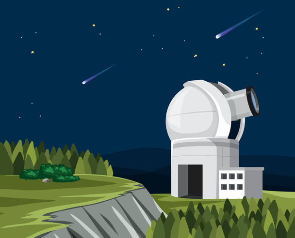 Tema astronomico con grande telescopio sulla collina illustrazione - Vettoriali, immagini