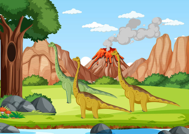 Scene with dinosaurs in the forest illustration - Vector, Image