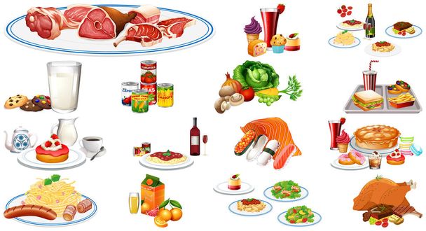 Foods and beverages set illustration - Vector, Image