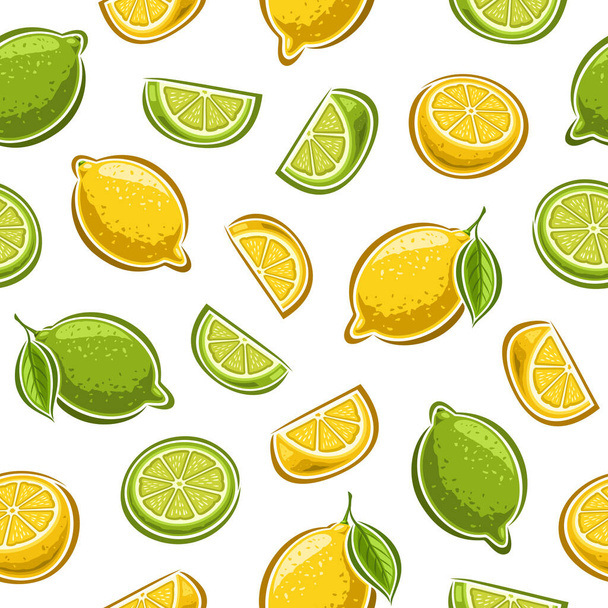 Limonlu ve limonlu vektör deseni, yapraklı organik limonlu resimlerle arka planı tekrarlıyor, dilimlenmiş limonlar kağıdı sarmak için beyaz arka planda. - Vektör, Görsel