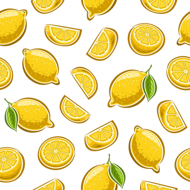 Vector Lemon Seamless Pattern, repeating background with set of cut out illustrations whole lemons with green leaves, group of sliced ripe fruits, chopped lemons on white background for wrapping paper - Вектор,изображение