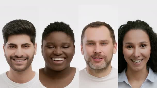 Collage de cuatro personas multiétnicas felices retratos sobre fondos blancos - Imágenes, Vídeo