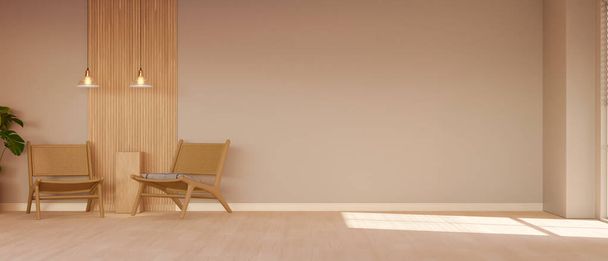 Modern İskandinav oturma odasının iç tasarımı iki hasır koltuk, asılı lambalar, kapalı alan bitkisi ve ahşap zeminde minimum beyaz duvara karşı boş bir alan. 3d görüntüleme, 3d illüstrasyon - Fotoğraf, Görsel