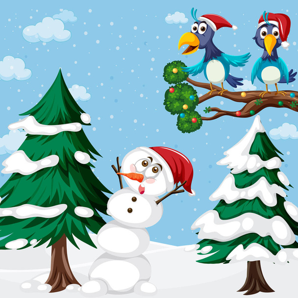 Χριστουγεννιάτικες διακοπές με χιονάνθρωπο και πουλιά εικονογράφηση - Διάνυσμα, εικόνα