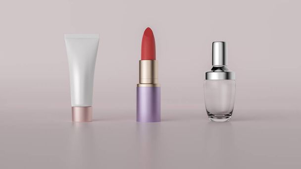 Perfume, lipstick and cream bottle display - Foto, afbeelding