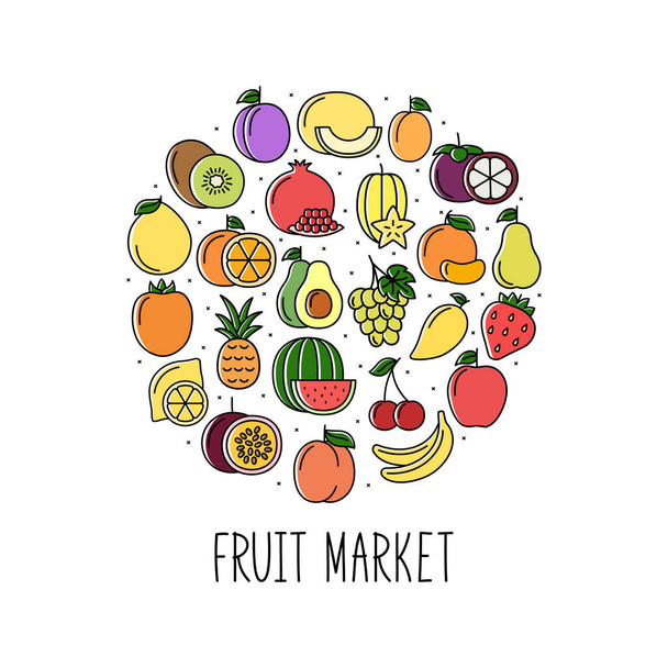 Round banner with color fruits icons. Design for market and store, vector illustration - Vektör, Görsel