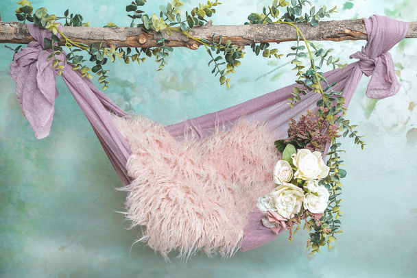 Newborn baby girl photography floral digital backdrop tree swing - 写真・画像
