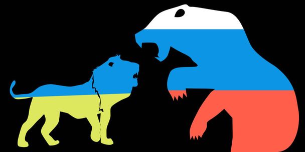 De vlag van Rusland en Oekraïne zijn geschilderd op een cartoon leeuw en beer. De oorlog tussen Oekraïne en Rusland - Vector, afbeelding