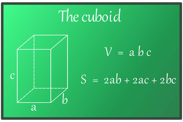La rappresentazione grafica del calcolo del contenuto e del volume di un cuboide in gesso bianco su una lavagna verde - Vettoriali, immagini