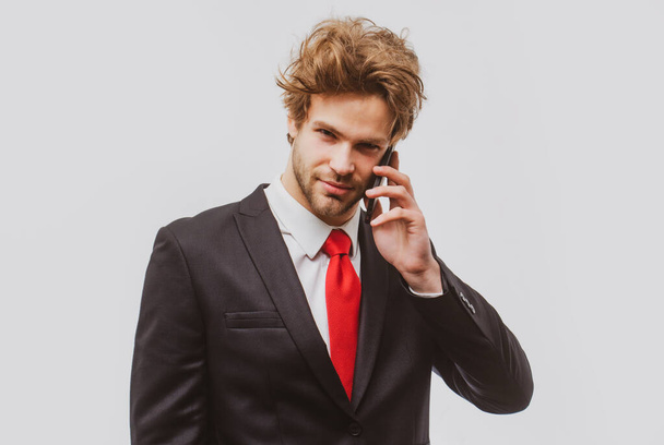 Portrait of man talking on the phone isolated. - Foto, imagen