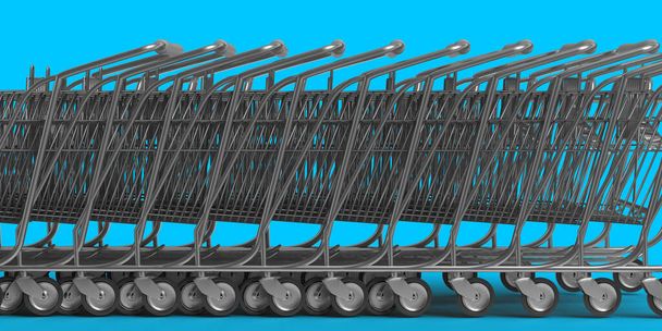Many Shopping Cart, online delivery service. 3D render empty supermarket push cart. Blue copy space background. Financial crises and rising inflation prices decreasing consume. Sale promotion banner. - Foto, Bild