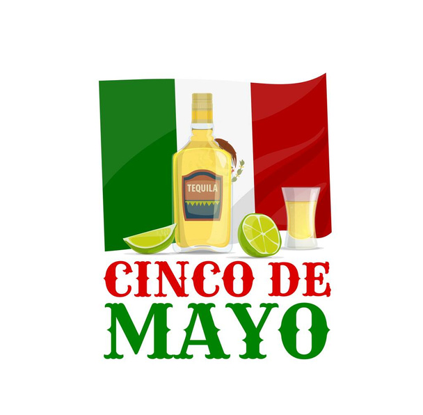 Vacanza Cinco de Mayo, bandiera vettoriale del Messico con bottiglia di bevanda alcolica alla tequila, bicchiere e lime. Festa festiva messicana Cinco de Mayo e Puebla Battaglia anniversario biglietto di auguri design - Vettoriali, immagini