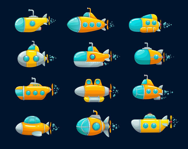 Cartoon submarine, yellow underwater ship game asset. Isolated vector sea vehicles with periscope, portholes and blades. Deep sea subs for water transportation, kids game asset - Vector, Imagen