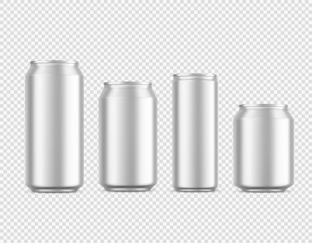 Realistic beer, soda aluminium cans, drink silver mockups. Isolated vector short and tall blank canisters with lemonade, juice, coffee or energy beverage. Metal 3d tin jars front view, metallic tubes - Vecteur, image