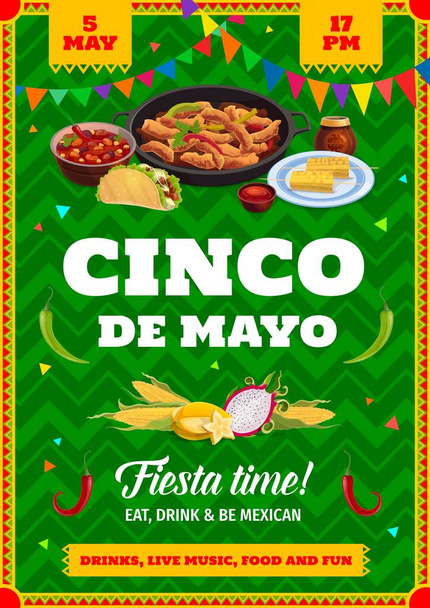 Cinco de Mayo Circulaire de vacances mexicaine. Invitation vectorielle pour la célébration de la fiesta avec des repas tex mex taco, fajitas, soupe de haricots, maïs, dragon ou fruits étoilés et sauce. Affiche de dessin animé mexicaine traditionnelle - Vecteur, image