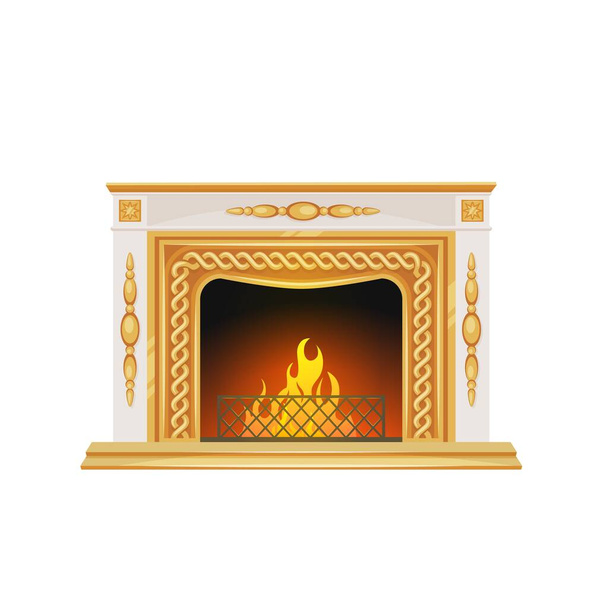 interior fireplace with decorations. House open fireplace, dwelling isolated vector white marble hearth, home interior element with fire flame, grates and golden stucco or fretwork - Vector, Image