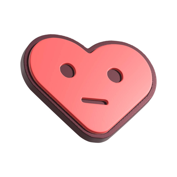 Emotionless heart smiley face 3d illustration. Cartoon heart character isolated on white background. - Photo, Image