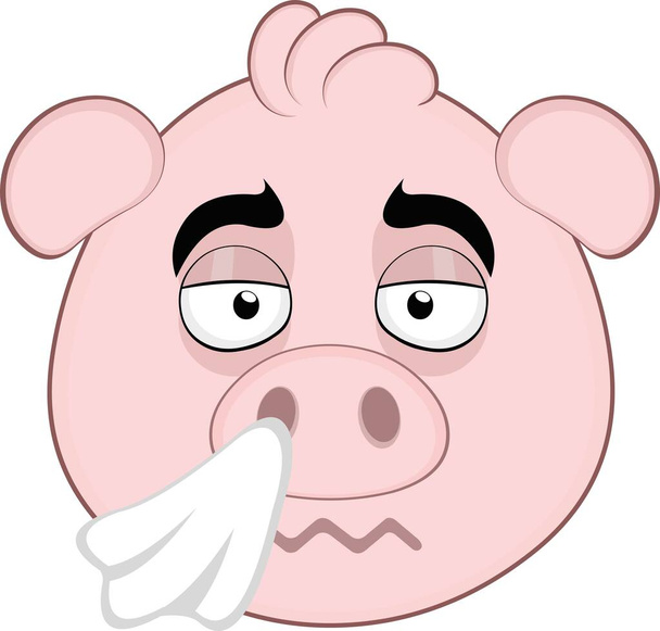 Vector illustration of the face of a cartoon pig with a cold and a handkerchief on his nose - Vector, Image