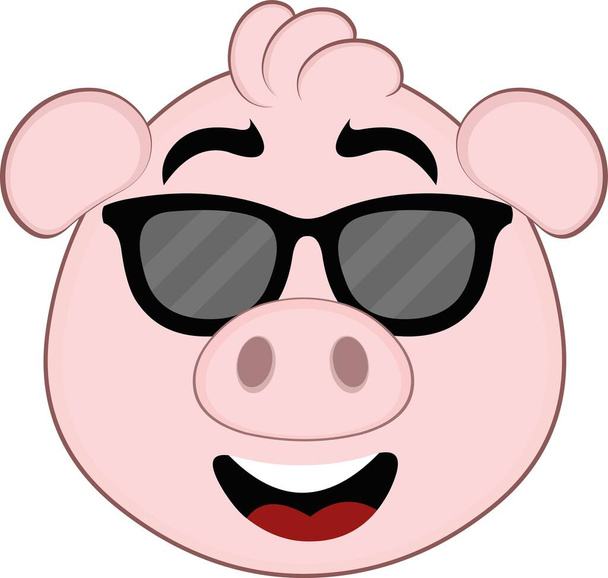 Illustrazione vettoriale del volto di un maiale da cartone animato con occhiali da sole - Vettoriali, immagini