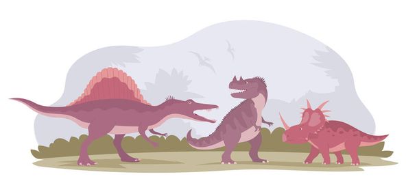 Luta de dinossauros. Ceratossauro predatório contra anquilossauro herbívoro e espinossauro. Animais extintos do período Jurássico. Pangolim antigo. Ilustração dos desenhos animados vetoriais - Vetor, Imagem