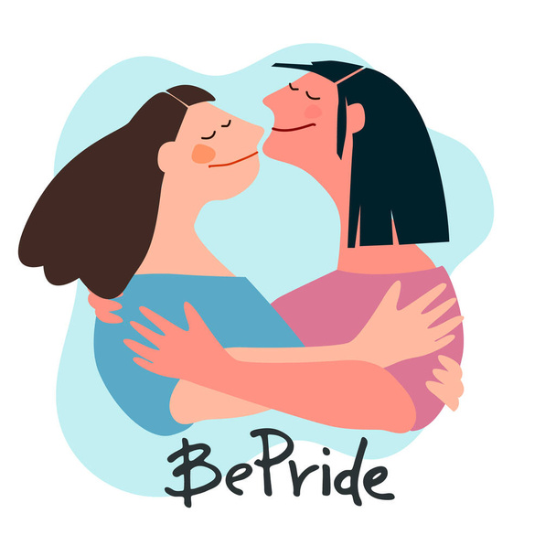 Be Pride logo z napisem tęczy i dwie dziewczyny przytulanie. Hasło wyrażające poparcie dla społeczności LGBTQIA. Symbol Duma Miesiąc świętowania. Izolacja na białym tle - Wektor, obraz