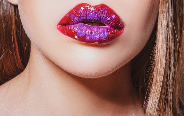 Female mouth with sexy pink lips isolated closeup. Close up woman sensual lips with red lipstick. Passionate lip. Creative abstract make-up. - Photo, Image