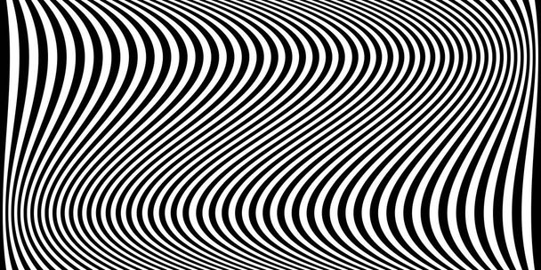 Siyah dalgalı çizgili pankart. Saykodelik Afrika zebra çizgileri. Soyut model. Dalgalı çizgili kıvrımlı doku. Optik sanat geçmişi. Dalga siyah ve beyaz tasarım, Vektör illüstrasyon hipnotik şablon - Vektör, Görsel
