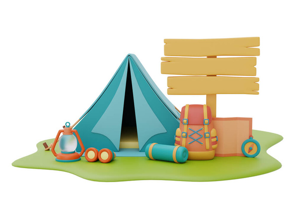 Kamp malzemeleriyle turist kampı çadırı ve kamp yerindeki ahşap tabela, yaz kampı konsepti, 3D çizim.. - Fotoğraf, Görsel