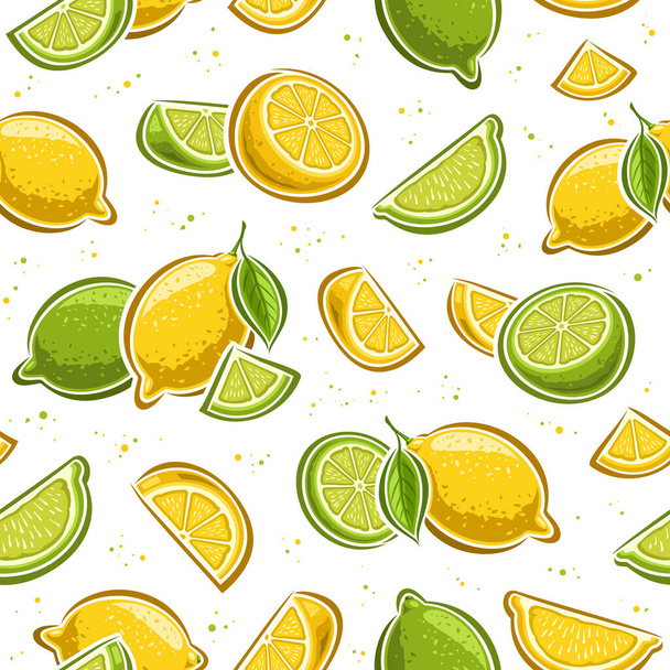 Vector Lemon and Lime seamless pattern, repeat background with set of cut out illustrations lemons with leaves, group of fruity still life, chopped quarter limes on white background for wrapping paper - Вектор,изображение