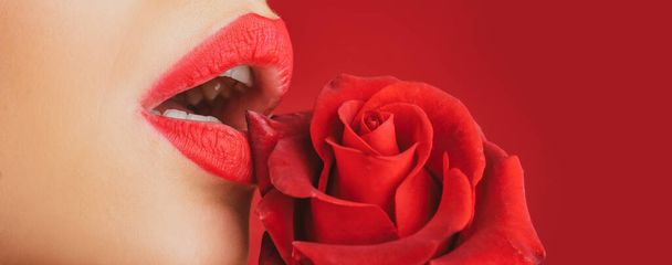 Girl blowjob with tongue, oral sex, symbol. Lips with lipstick closeup. Beautiful woman lips with rose. - 写真・画像