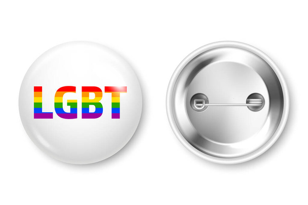 Realistische witte badge met LGBTQ regenboogvlag. Lesbisch, homo, biseksueel, transgender liefdessymbool, trots maand. 3D glanzende ronde knop. Pin badge model. Vectorillustratie - Vector, afbeelding