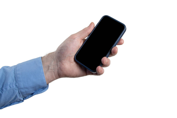 mão do homem com camisa segurando smartphone estúdio tiro fundo branco - Foto, Imagem