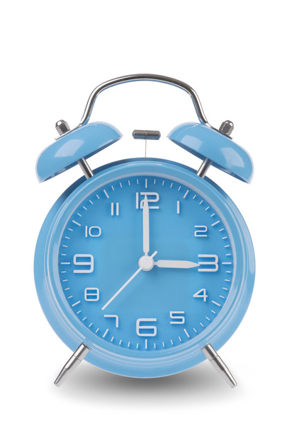 Blue alarm clock with the hands at 3 am or pm isolated on a white background, One of a set of 12 images showing the top of the hour starting with 1 am / pm and going through all 12 hours - Foto, Imagem