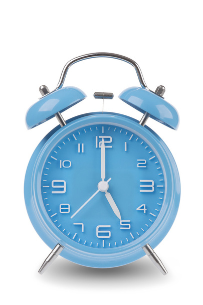 Blue alarm clock with the hands at 5 am or pm isolated on a white background, One of a set of 12 images showing the top of the hour starting with 1 am / pm and going through all 12 hours - Zdjęcie, obraz