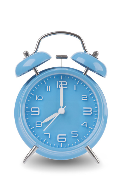 Blue alarm clock with the hands at 8 am or pm isolated on a white background, One of a set of 12 images showing the top of the hour starting with 1 am / pm and going through all 12 hours - Foto, Imagem