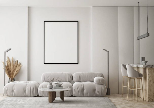 Modern iç plan, oturma odası, İskandinav tarzı, 3D çizim, 3D resim - Fotoğraf, Görsel