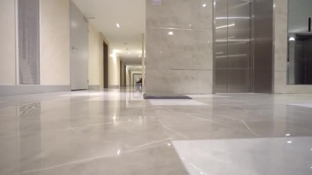 An elegant businesswoman with luggage on trolley in lobby of hotel. female executive or traveler with a suitcase on a business trip related to work is walking down the corridor of the hotel - Filmmaterial, Video