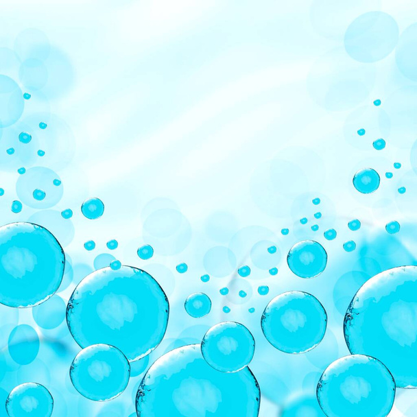 Square banner with cosmetology for face or skin treatment ads template,blue shining bubbles 3d illustration.Transparent substance oil on serum bubble.Shining substance light blue essence droplet - Φωτογραφία, εικόνα