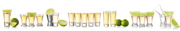Set with shots of tasty tequila with lime on white background - Foto, afbeelding
